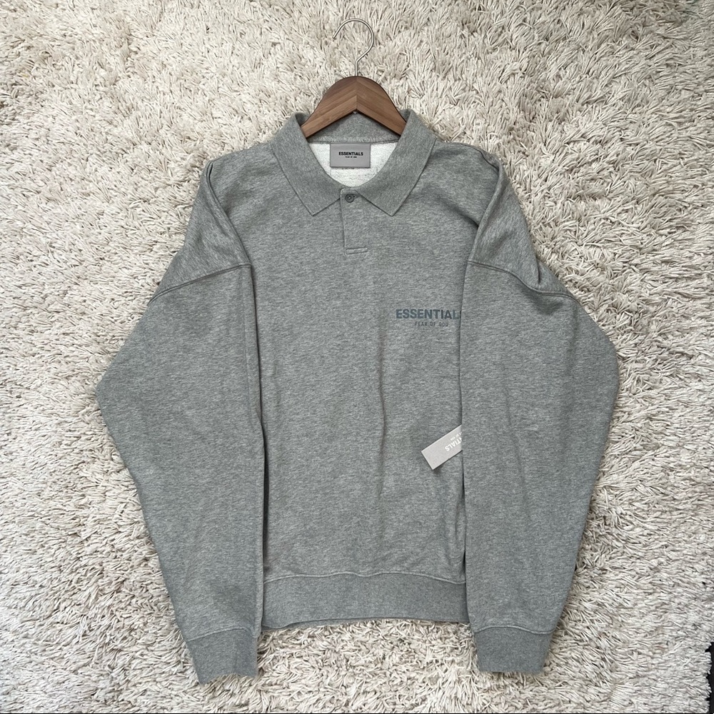 Fear of God Essentials Core Collection Long Sleeve Polo Dark Heather Oat… - Picture 3 of 10